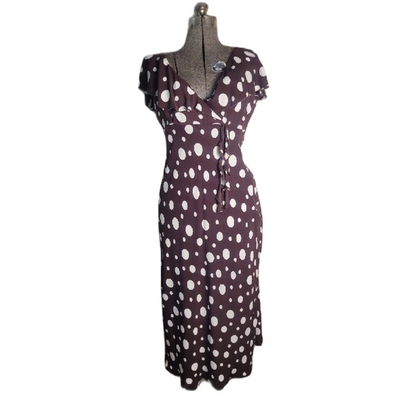 Vintage 80s 90s S.L Fashions Brown White Polka Dot Midi Maxi Dress Ruffles  Vneck Dresses